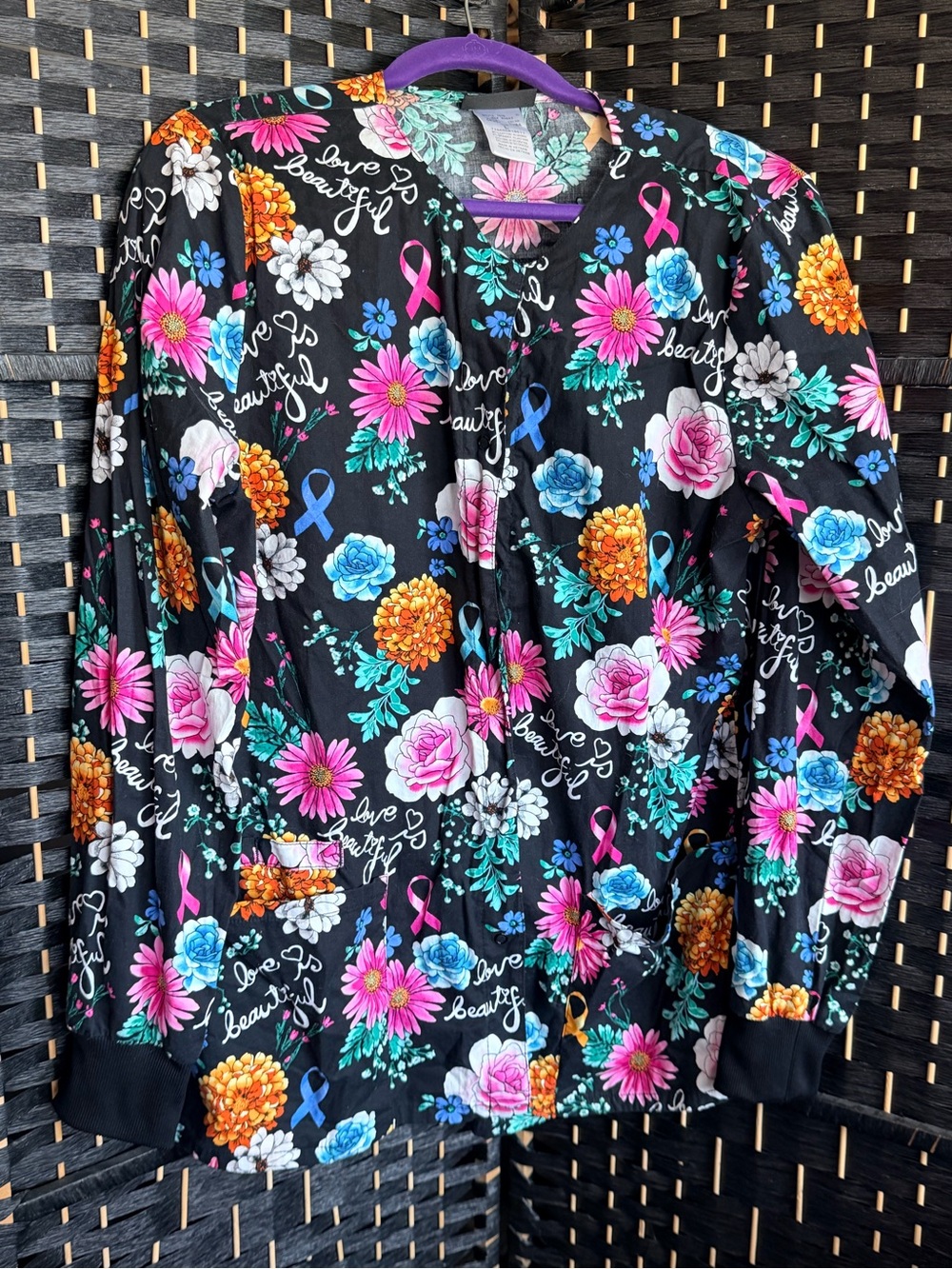 Cherokee Black Floral Ribbon Print Scrub Jacket